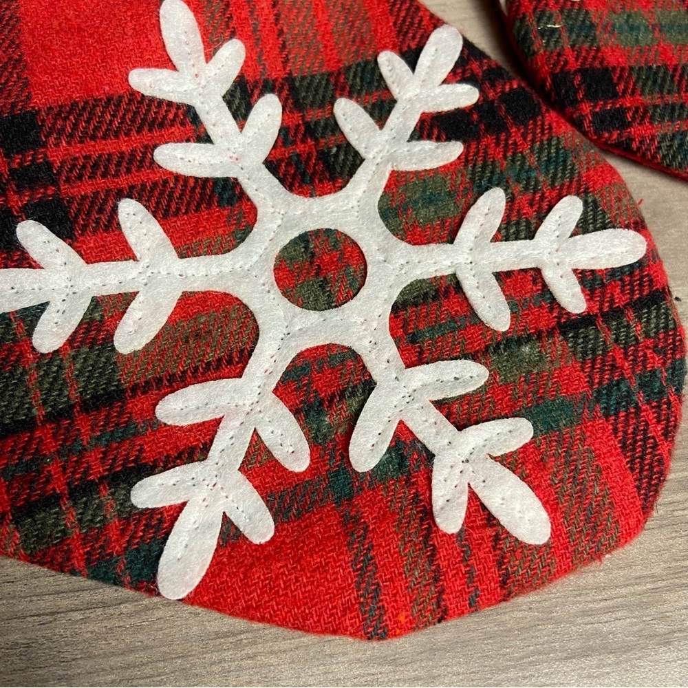 Christmas Stockings Set of 2 Red Gray Fuzzy Top Snowflake Pattern Hanging Plaid - Picture 3 of 10